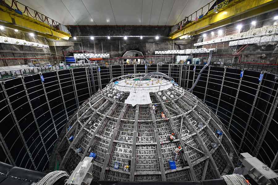 JUNO detector Photo shows the construction of JUNO’s central detector in China.