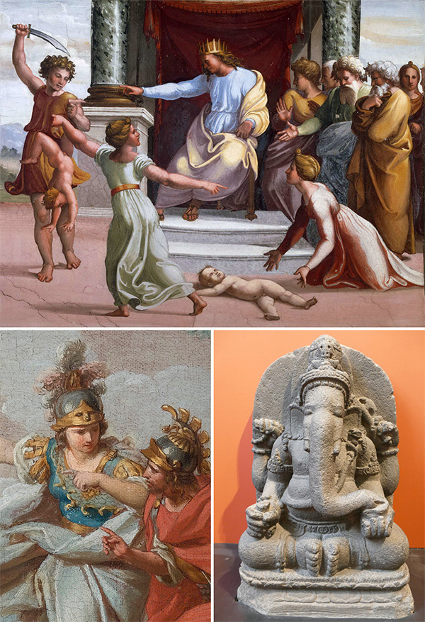 Symbols of wisdom As described in the caption, two paintings and a statue depict events and individuals associated with wisdom.