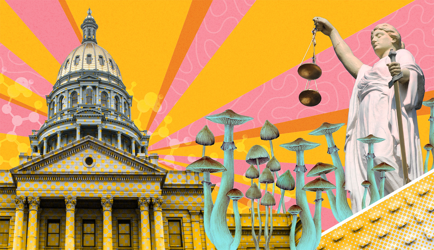 Conceptual illustration includes a state capitol building, tall mushrooms, a statue of Justice holding a scale, a pack of pills, and a bright pink, yellow and orange sky with molecules and other wavy patterns visible in it.